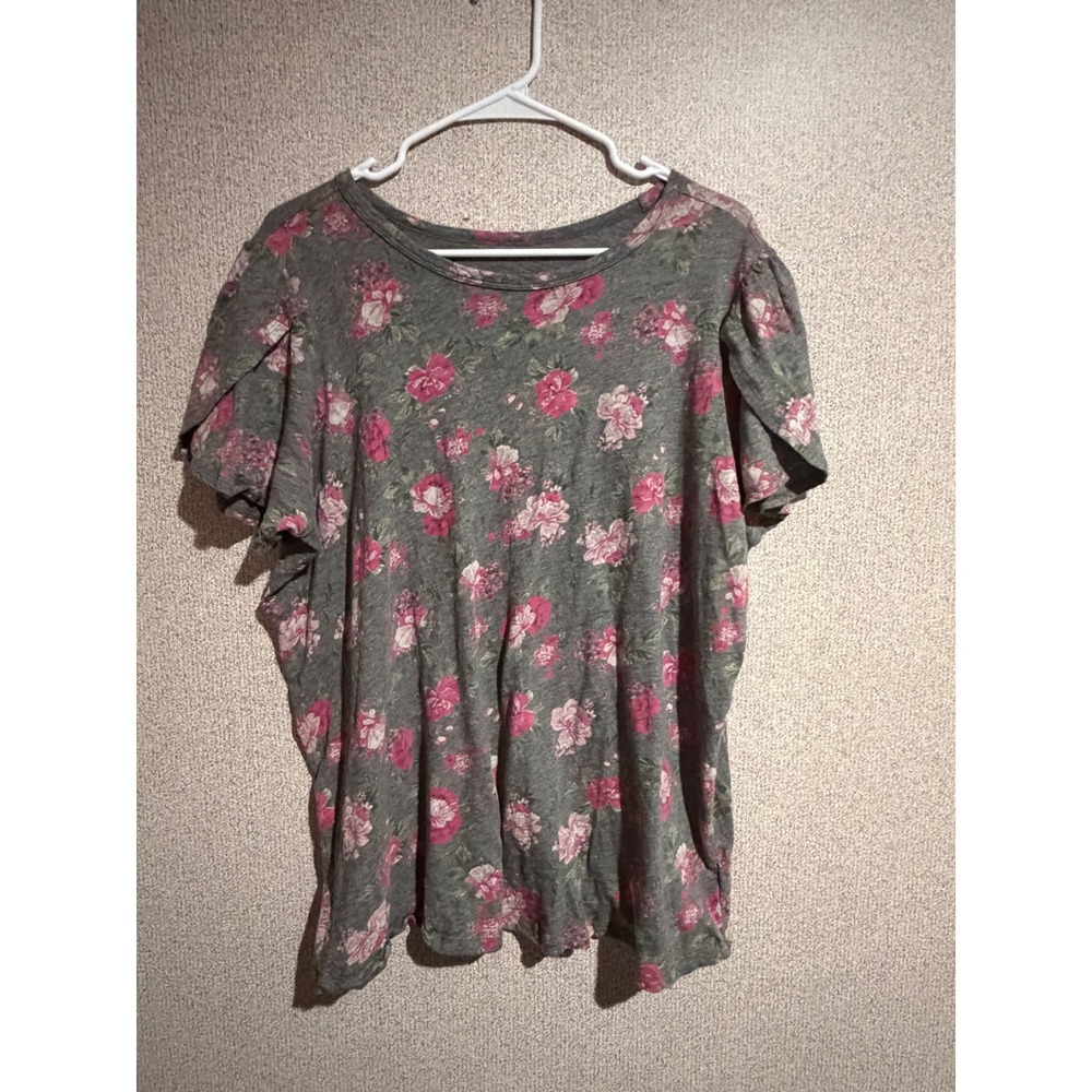 Torrid Heritage Floral Slub Jersey Flutter Sleeve Tee Gray Pink Size 2 Plus